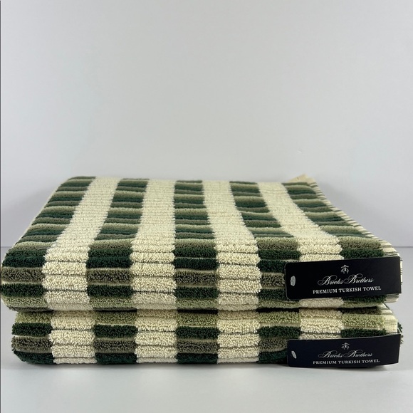 Brooks Brothers Turkish Bath Towel Set Green Tan Striped Cotton Luxury 2 Pc NEW - Picture 1 of 6